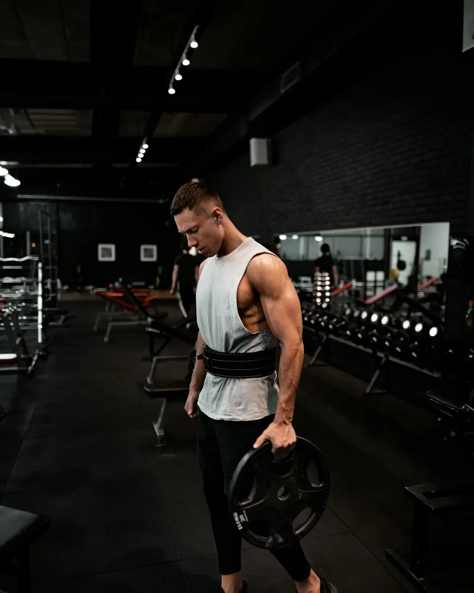 Athlète en camisole blanche tenant un disque de musculation